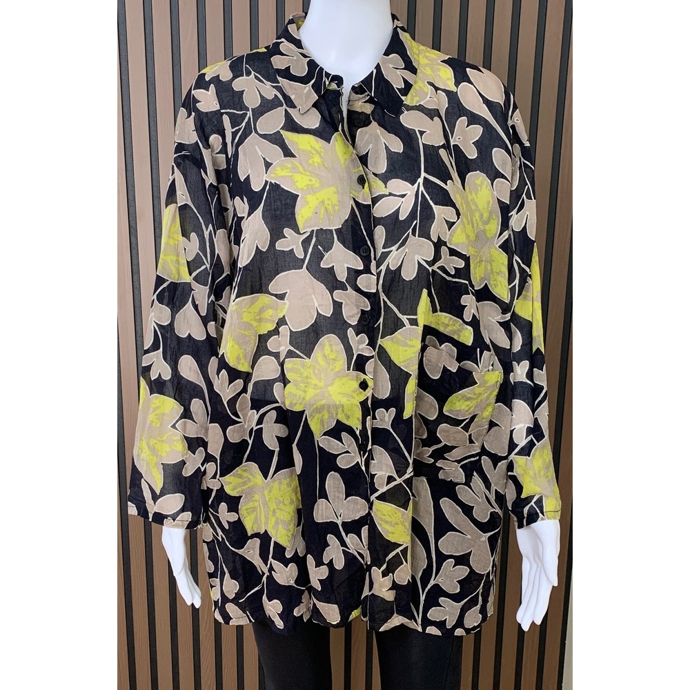 Masai Womens Cotton Botanical‎ Leaf Print Button Down Shirt Black Lime Green S
